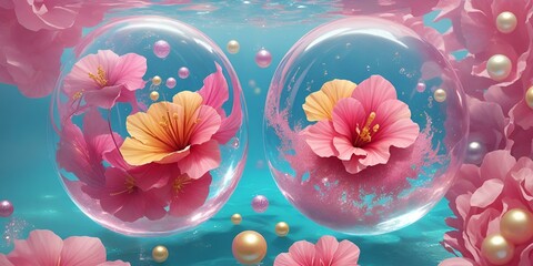 A pink flower in a ball with water drops on it ,A glass ball with flowers inside and a purple flower inside. - obrazy, fototapety, plakaty