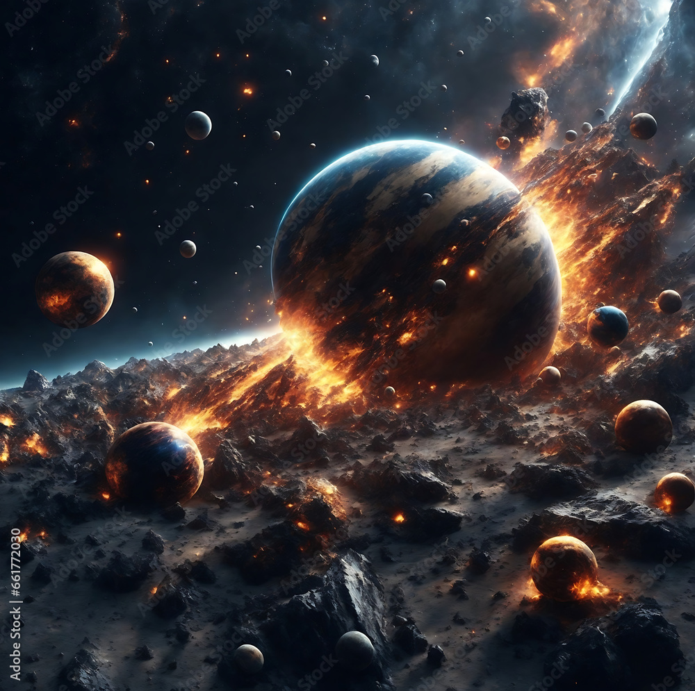 Wall mural planetary collisions and explosions in space. generative ai