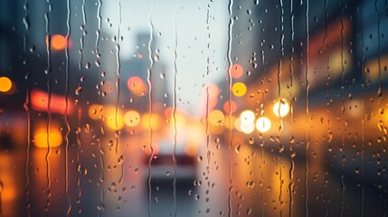 Rain drops on the window glass with blurred city lights in the background. Rain drops on the glass with blurred city lights background. Artistic blur. Beautyful bokeh. Abstract blurry background. - obrazy, fototapety, plakaty
