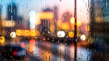 Rain drops on the window glass with blurred city lights in the background. Rain drops on the glass with blurred city lights background. Artistic blur. Beautyful bokeh. Abstract blurry background.