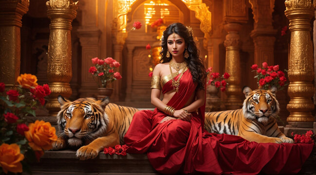 Goddess Durga Sitting in Ancient Golden temple With Her Tiger