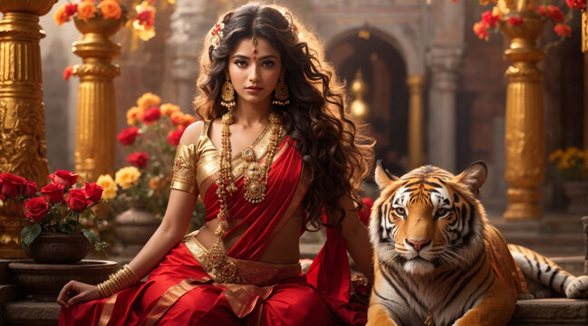 Goddess Durga Sitting in Ancient Golden temple With Her Tiger