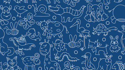 Seamless pattern of white doodle animals on a blue background