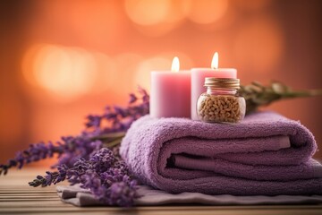 Obraz na płótnie Canvas Relaxing spa ambience with towels, candle, lavender, and blurred background. Generative AI