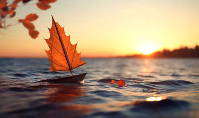 Segel aus Herbstlaub auf kleinen Boot - obrazy, fototapety, plakaty
