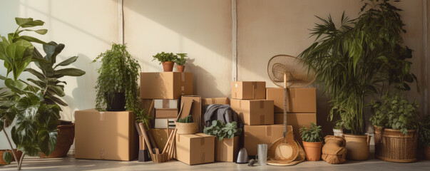 Cardboard boxes and cleaning supplies for moving into a new home