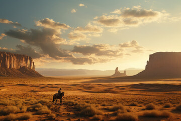 Cowboy riding a horse across a vast desert landscape during the golden hour