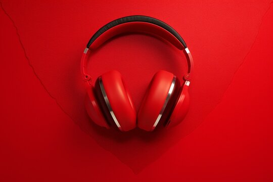 Valentine's Day-themed image featuring headphones on a heart against a red background. Generative AI