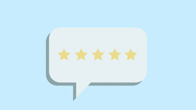 Animation of 5 star rating in a white speech bubble.  Colored background. Animated 5 star feedback.
