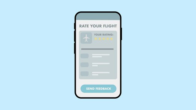 Giving a flight a 5 star rating. Rating a flight on a mobile device. Giving digital feedback on a smartphone.
