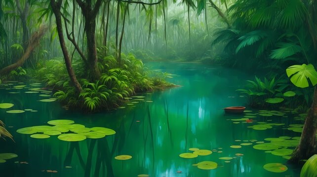 beautiful rainforest panorama with pond, generative Ai art © Zandhira