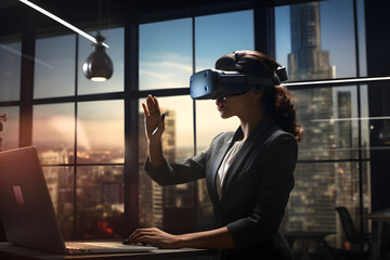 Businesswoman using virtual reality simulator