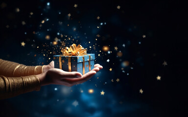 blaues Weihnachtsgeschenk in den Händen halten