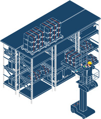 Warehouse worker drives a picker forklift to loads cardboard boxes onto the shelves.  © Sarawut