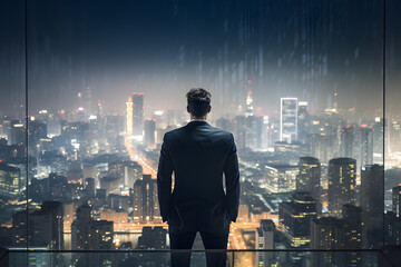 Rear view shot Business man on a tall building peak.