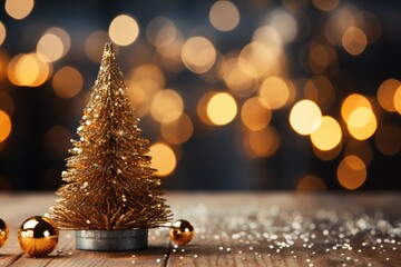 Christmas tree with golden baubles on bokeh lights background. A Cozy Yellow Christmas Background...