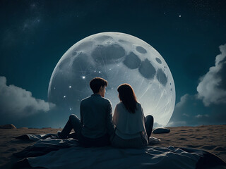 Couple Sitting On The Moon.  Generative Ai