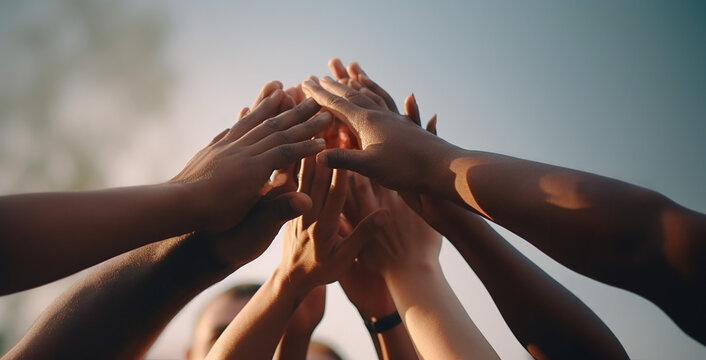 Work together, support each other, diversity, unity concept with many hands put together in the air. Hands of people of different colors. Generative AI image.