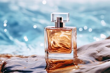 Close-up view of perfume bottle on water background