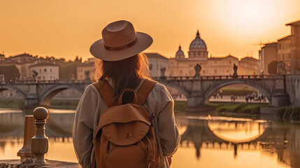 Obraz premium Back view of Tourist woman with hat and backpack at vacation in Rome, Italy.