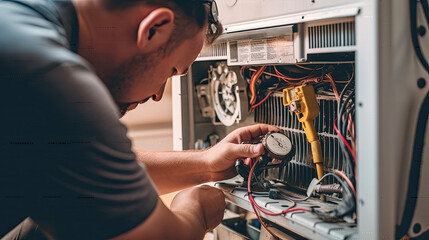 air technician checking and changing the filters of a domestic air conditioning split.