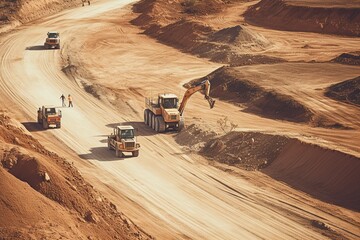 High angle view on highway construction in a desert - obrazy, fototapety, plakaty