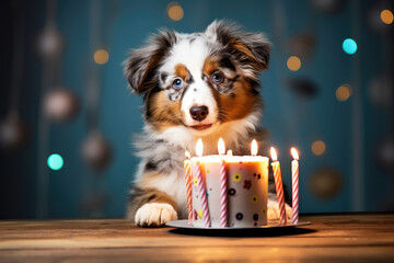 Cute puppy of australian shepherd celebrating birthday - obrazy, fototapety, plakaty