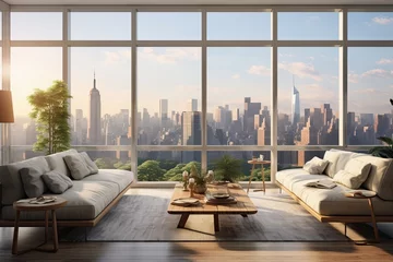 Foto op Canvas living room with city skyline. living room panoramic with large windows © Rangga Bimantara