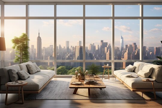 living room with city skyline. living room panoramic with large windows