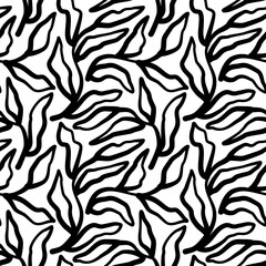 Abstract seamless pattern with lines and leaves. Black and white ornament for textiles and design. Simple vector illustration.