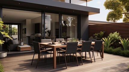Contemporary home with patio panoramic view and practical outdoor furnishings. house patio design modern house 