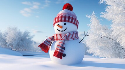 Obraz premium Happy snowman standing with a scarf at sunset. Generative AI