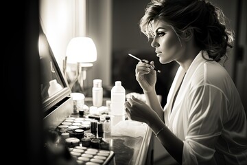 woman preparing for work in the morning, putting makeup on