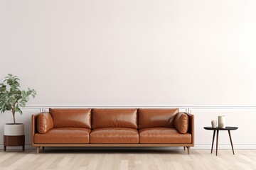 Modern Living Room with Leather Sofa and Empty Wall