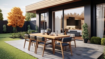 Contemporary home with patio panoramic view and practical outdoor furnishings. house patio design modern house  - Powered by Adobe