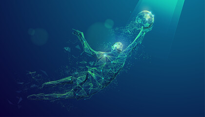 graphic of wireframe low poly goalkeeper catching football in futuristic style