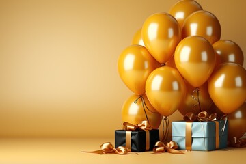 Fototapeta na wymiar Yellow birthday balloons with gift boxes on wooden floor. 3d render