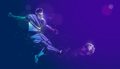 graphic of wireframe low poly soccer player shooting football