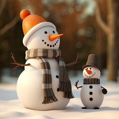 Happy snowman standing with a scarf at sunset. Generative AI