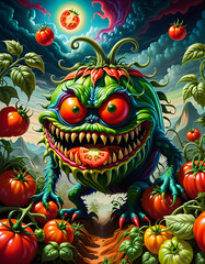 Psychedelic art a tomato monster in a field abstract and surrealistic. generative ai