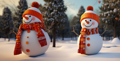 Happy snowman standing with a scarf at sunset. Generative AI
