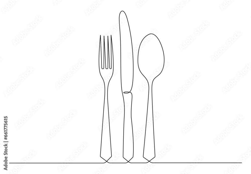 Wall mural continuous one line art of spoon, fork, and knife. kitchen logo symbol. vector illustration. pro vec