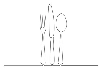  Continuous one line art of spoon, fork, and knife. Kitchen logo symbol. Vector illustration. Pro vector.