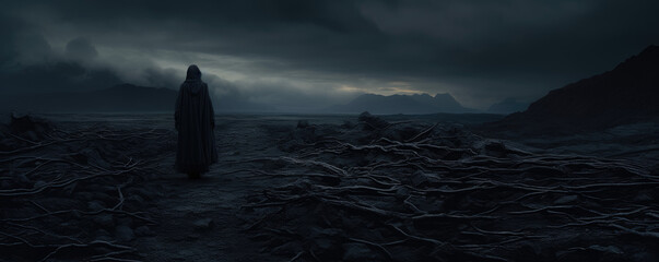 Dark and ominous scene featuring a sinister, shadowy figure in a desolate landscape
