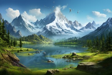 Naklejka na ściany i meble Beautiful scenery with lush mountains, a serene lake, and stunning landscape. Generative AI
