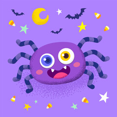 Cute cartoon spider on purple background. Vector illustration for Halloween