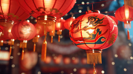 Celebration chinese new year in china town. Dragon and paper red lanterns. Chinese New Year concept.
