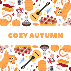 cozy autumn background. homely warm autumn atmosphere items, teapot, cat, leaves, mushrooms, umbrella, rainy days. vector cartoon items horizontal background.
