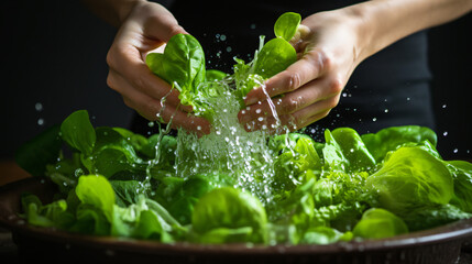 Hands washing salad leaves. - Powered by Adobe