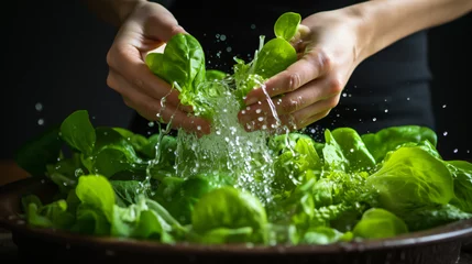 Foto op Plexiglas Hands washing salad leaves. © Merab